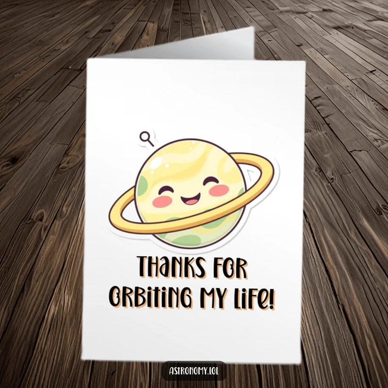 Funny Free Printable Thank You Card featuring a happy planet character spinning its vibrant rings with pure joy.