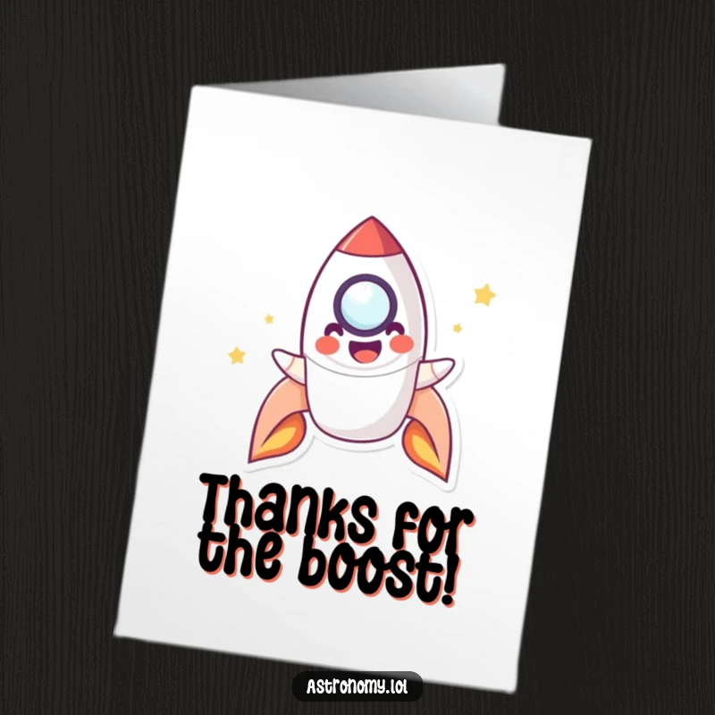 Funny Free Printable Thank You Card with a playful rocket character blasting off with a smile, expressing heartfelt thanks.