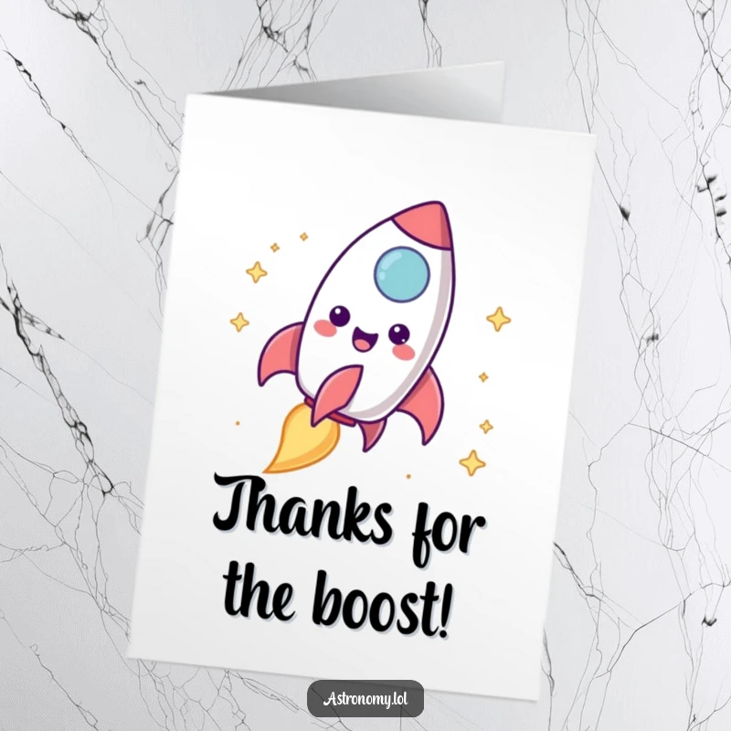 Funny Free Printable Thank You Card: Cheerful rocket ship character blasting off, leaving a trail of thanks, a funny gesture.