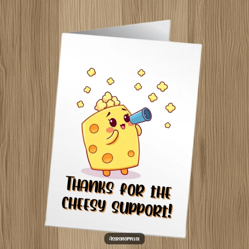Funny Free Printable Thank You Card: A cheese cube uses a telescope to observe popcorn stars, showing heartfelt thanks.