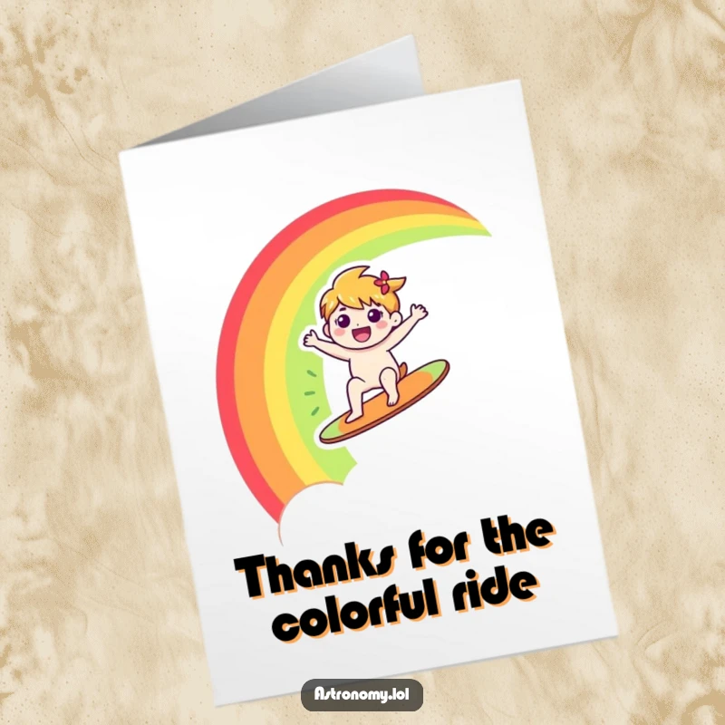 Funny Free Printable Thank You Card: Character surfing a rainbow, conveying thanks.
