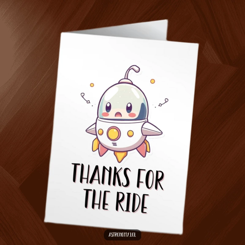 Funny Free Printable Thank You Card featuring a surprised spaceship with funny cartoon smoke trails, a great DIY thank you gesture.
