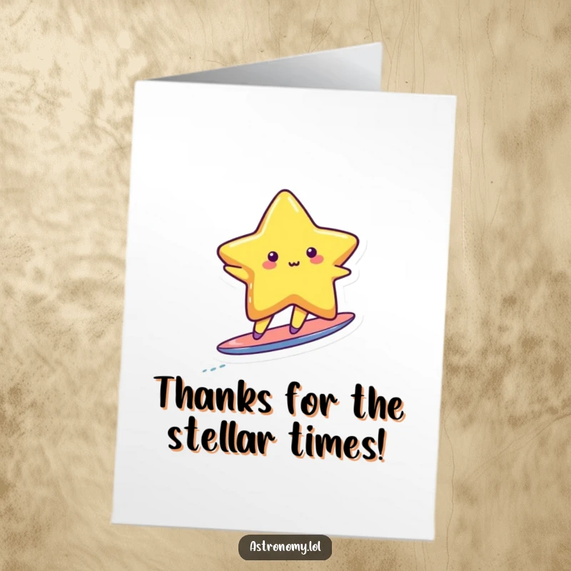 Funny Free Printable Thank You Card: Cute star character happily surfing on a tiny comet tail, expressing thanks.