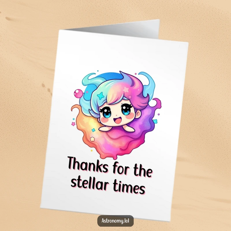 Funny free printable thank you card featuring a colorful nebula character swirling with vibrant appreciation, perfect for a heartfelt message.