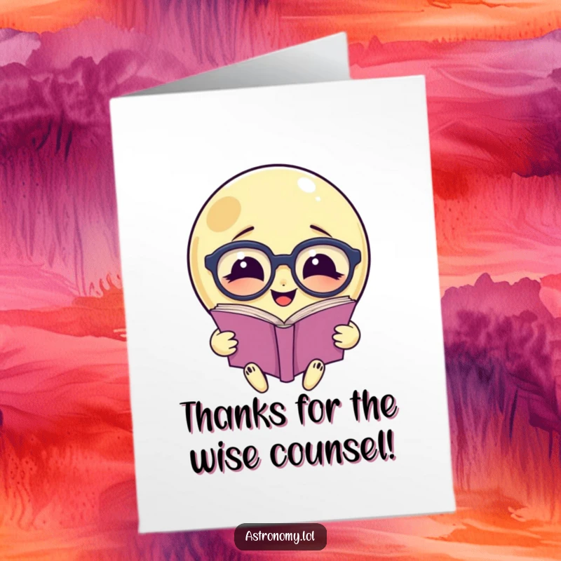 Funny Free Printable Thank You Card: A smiling moon in oversized spectacles reads a book, conveying sincere gratitude.