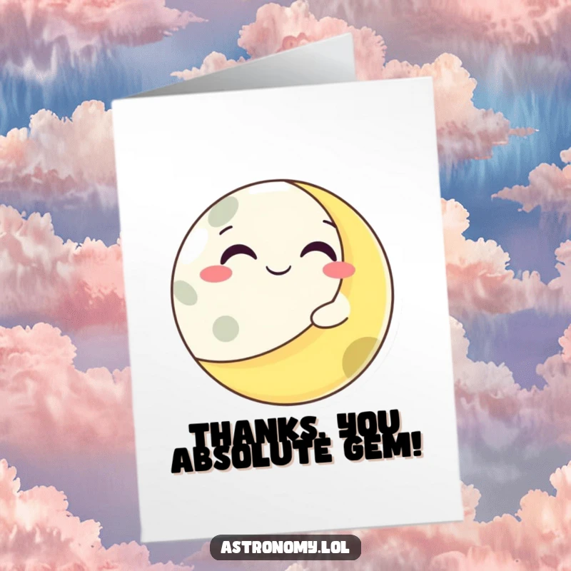 Funny Free Printable Thank You Card: Grinning moon character winking playfully from behind a planet, expressing thanks.