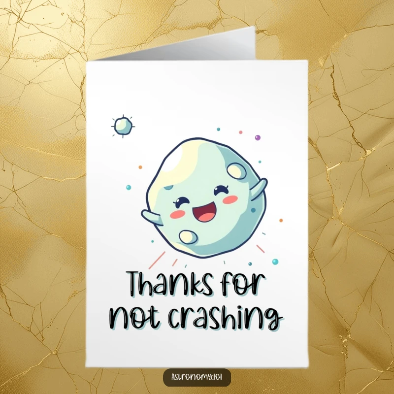 Funny Free Printable Thank You Card: A joyful asteroid character tumbling through space, humorously conveying thanks.