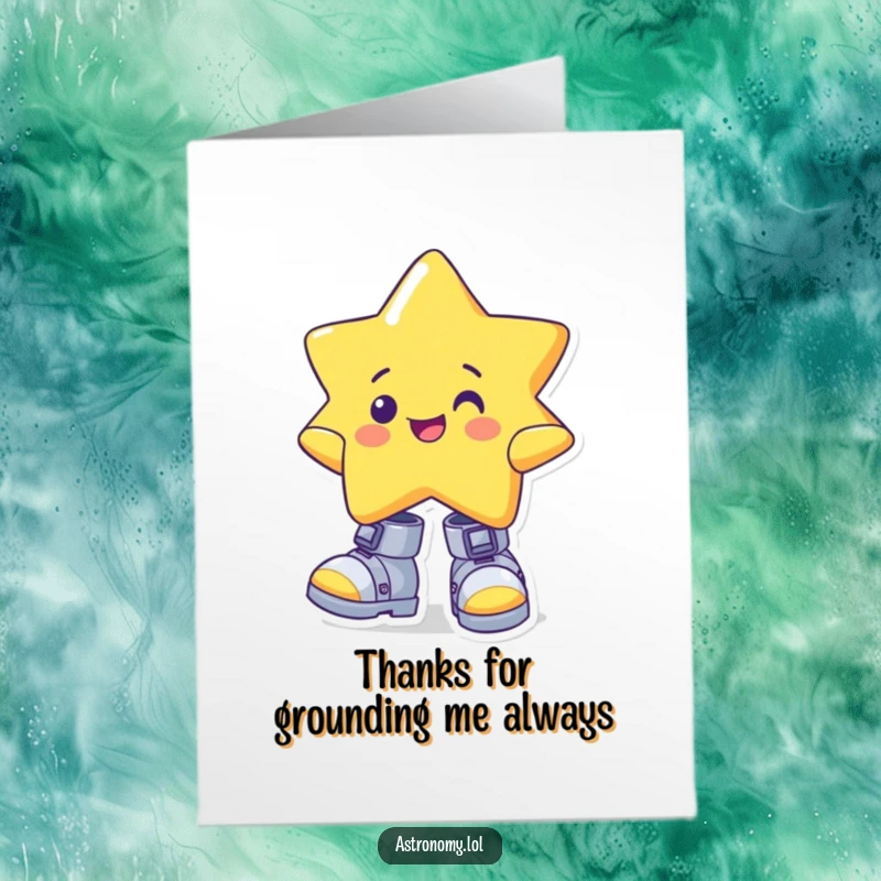 Cheerful Free Printable Thank You Card: Star character teeters in large, wonky gravity boots, expressing thanks.