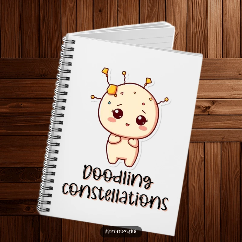 Funny constellation notebook showcasing a curious character humorously shaping itself, inspiring writing and doodling.