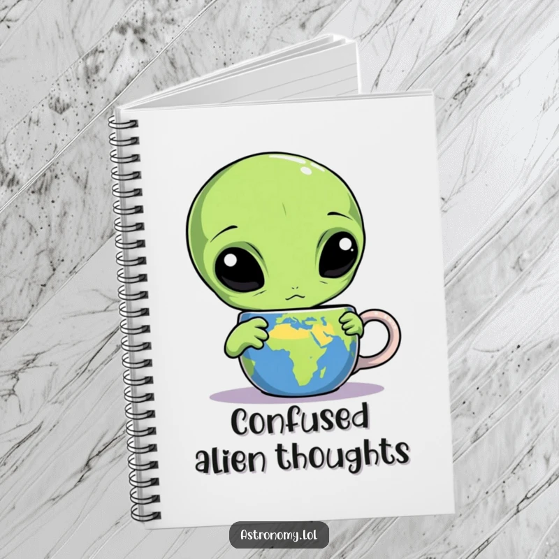 Funny alien notebook with a confused three-eyed character staring at an Earth mug, perfect for notes with a humorous space theme.