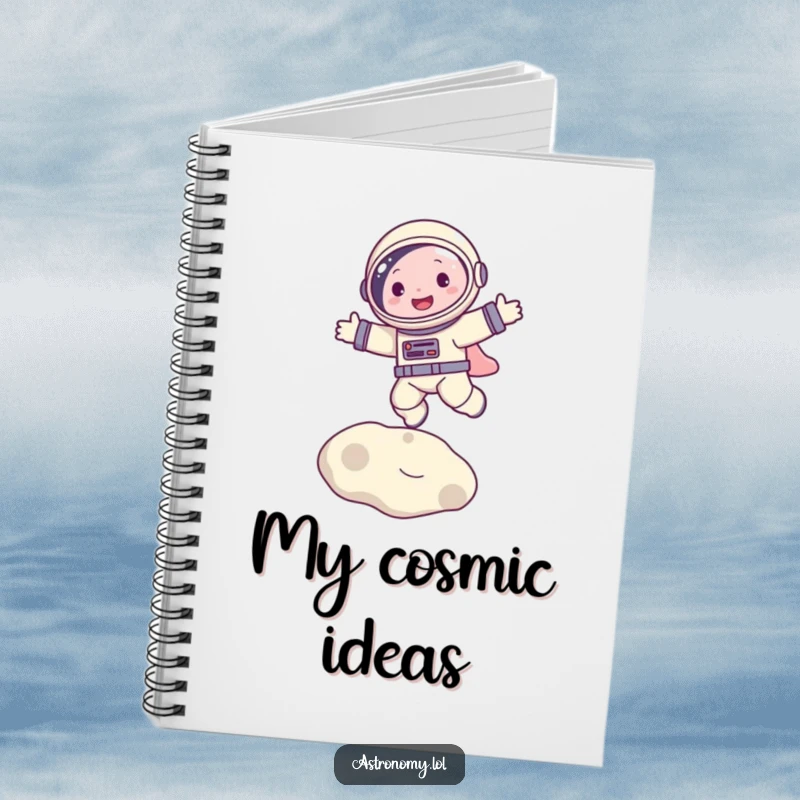 Funny notebook with a happy astronaut character bouncing on the moon, perfect for jotting down thoughts with galactic humor.