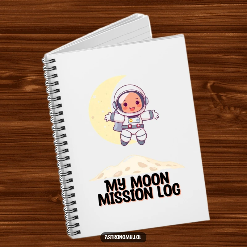 Funny notebook featuring a happy astronaut bouncing on the moon, ideal for jotting down notes with a whimsical, space-themed flair.