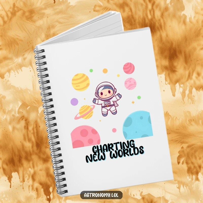 Funny astronaut notebook with a cute, happy character floating amidst colorful planets, perfect for journaling space adventures.