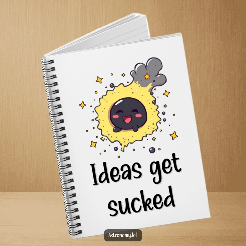 Funny cheerful black hole character playfully swirling stardust on a notebook cover, for your grandest ideas.