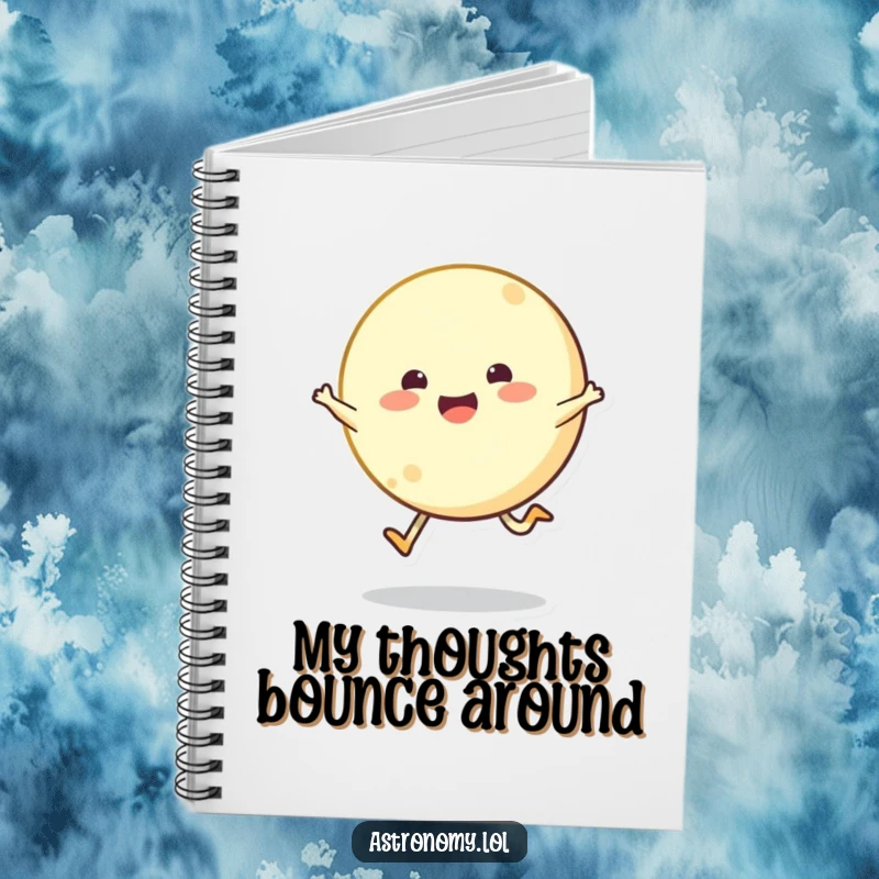 Bouncing moon character joyfully skipping across the sky on a notebook, ideal for capturing happy thoughts.
