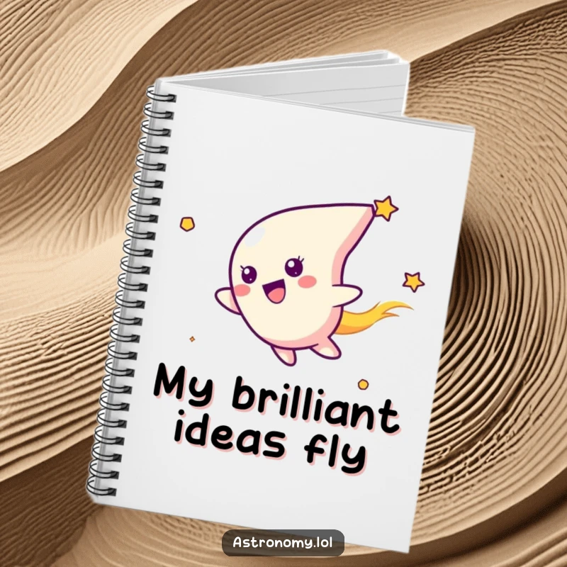 Funny notebook with a delighted comet character zipping through space, ideal for capturing ideas and notes with a touch of cosmic humor.