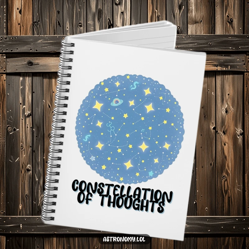Funny notebook decorated with a curious constellation cluster playfully twinkling, perfect for jotting down notes and cosmic musings.
