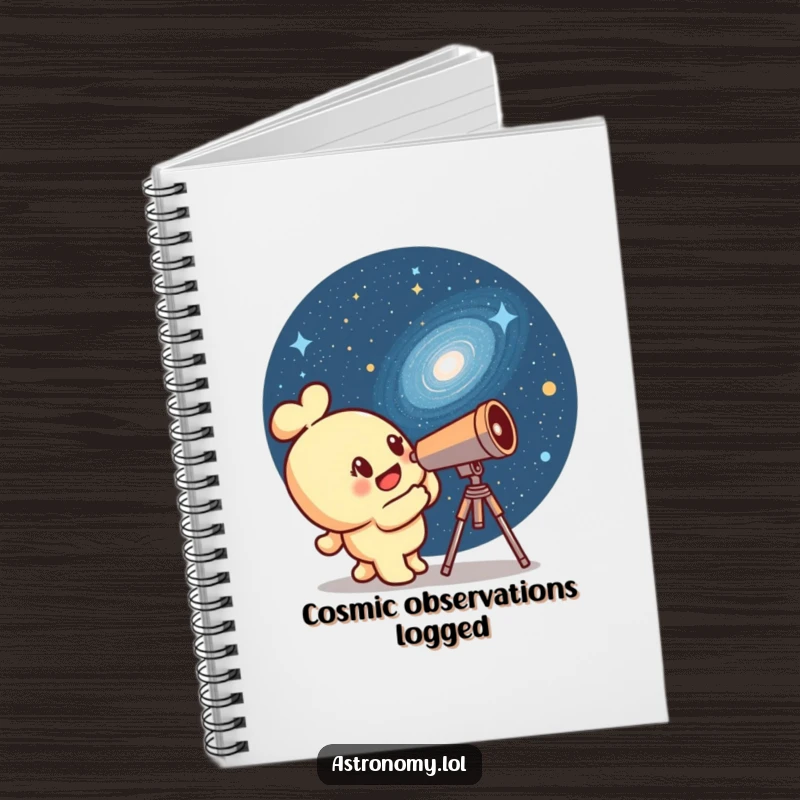 Funny telescope character looking at a winking galaxy, on the cover of a notebook, for all your stellar ideas.