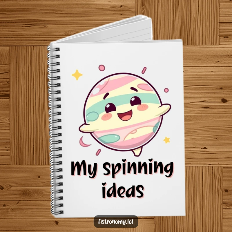 Funny notebook with a delighted planet character spinning with a happy grin, ideal for jotting down thoughts.