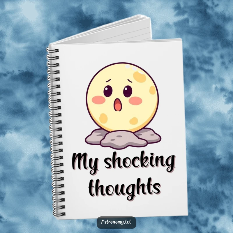 Funny moon notebook with a surprised character featuring a crater mouth, perfect for jotting down celestial ideas.