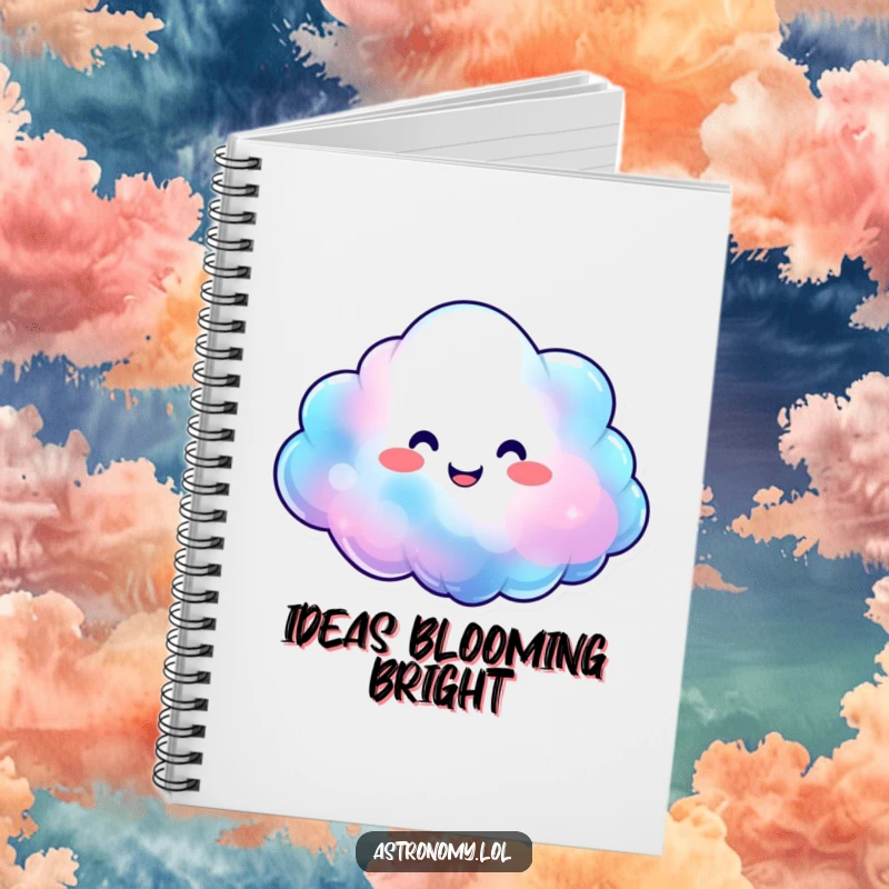 Smiling nebula cloud character expanding with happy, vibrant colors on a notebook, ideal for creative journaling.
