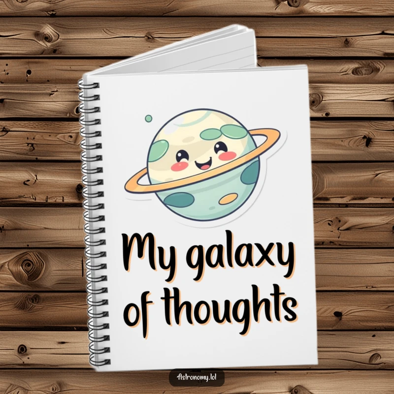 Funny notebook with a cute, smiling planet character happily spinning, designed for jotting down notes with a humorous, cosmic flair.