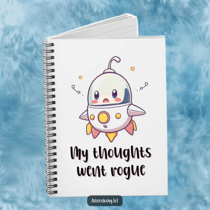 Funny notebook displaying a surprised spaceship character leaving cartoonish smoke trails, perfect for notes and journaling with a humorous touch.