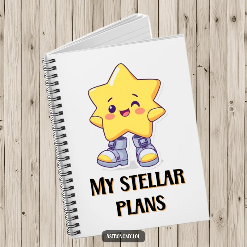 Funny star notebook with a cheerful character wearing oversized, wonky gravity boots, perfect for notes with a humorous space theme.