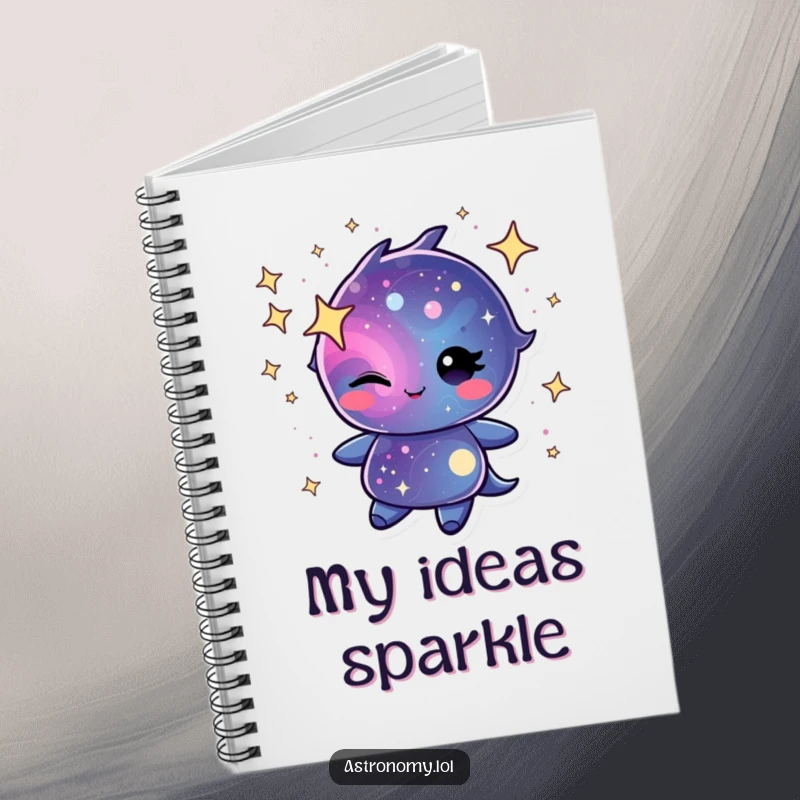 Winking galaxy character swirling with cheerful stardust on a notebook, ideal for capturing cosmic thoughts and ideas.