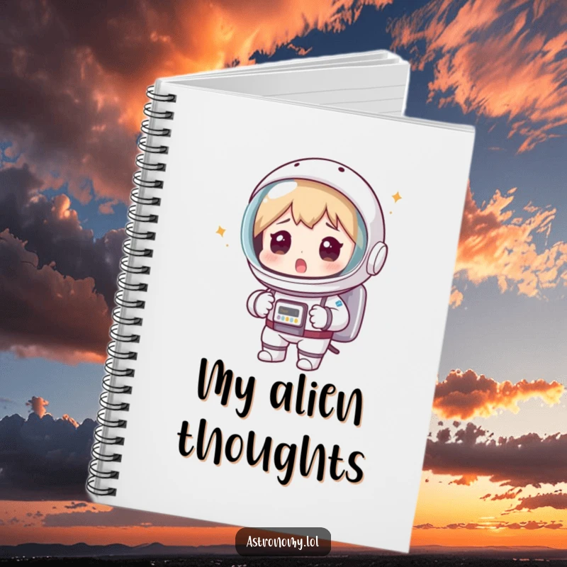 Funny astronaut notebook with a surprised spaceman wearing a colander helmet, great for note-taking with a humorous space theme.