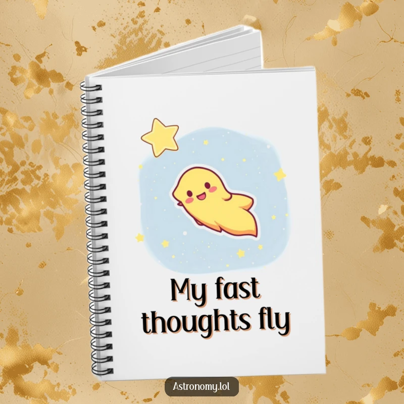 Funny notebook with a happy comet streaking across a starry sky, ideal for jotting down thoughts with cosmic speed and humor.