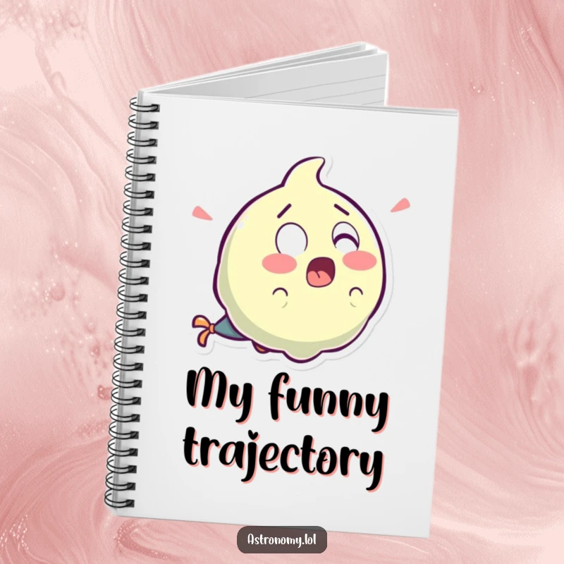 Funny surprised comet character with a wide-eyed look and a tail of laughter, featured on a humorous notebook.