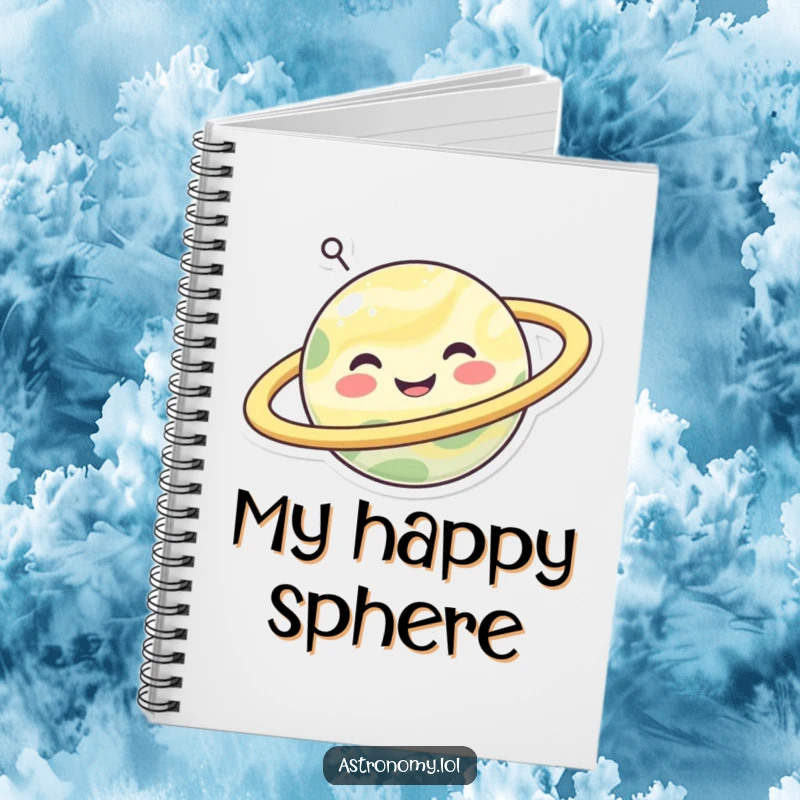 Funny happy planet character with a wide smile and spinning rings, featured on a humorous notebook.