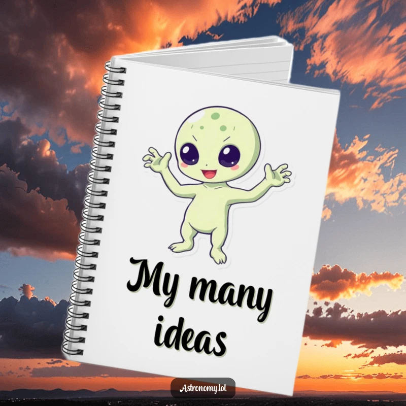 Funny notebook featuring a bouncing alien character waving with three arms, perfect for jotting down notes and extraterrestrial ideas.