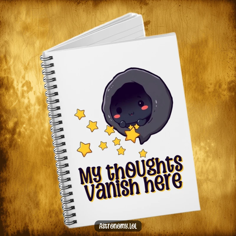 Funny black hole character playfully sucking in tiny stars on a notebook cover, perfect for jotting down cosmic thoughts.