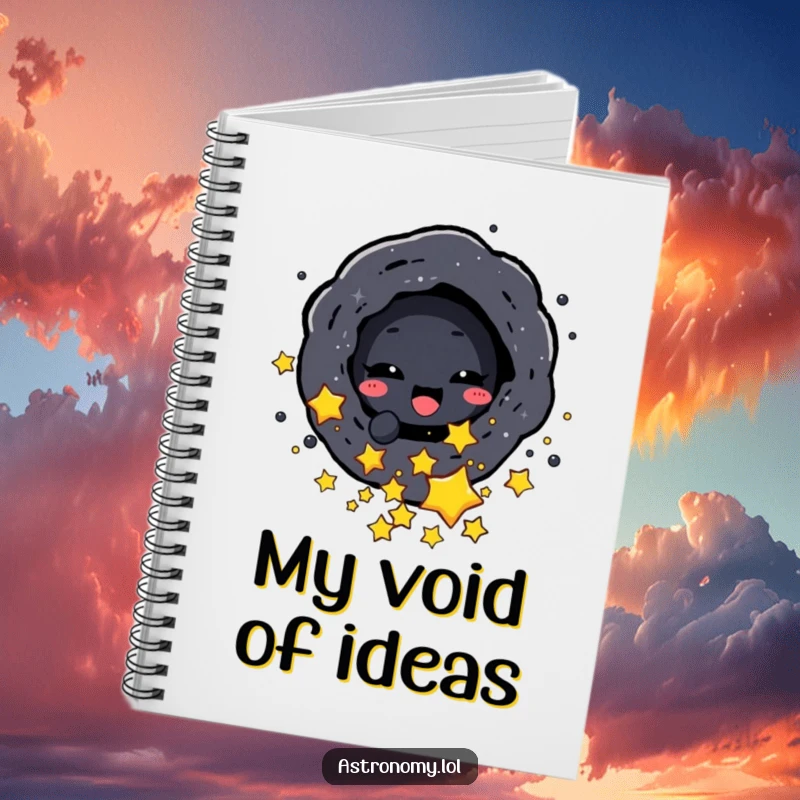 Funny notebook cover featuring a black hole character playfully sucking in small stars, ideal for jotting down cosmic ideas.