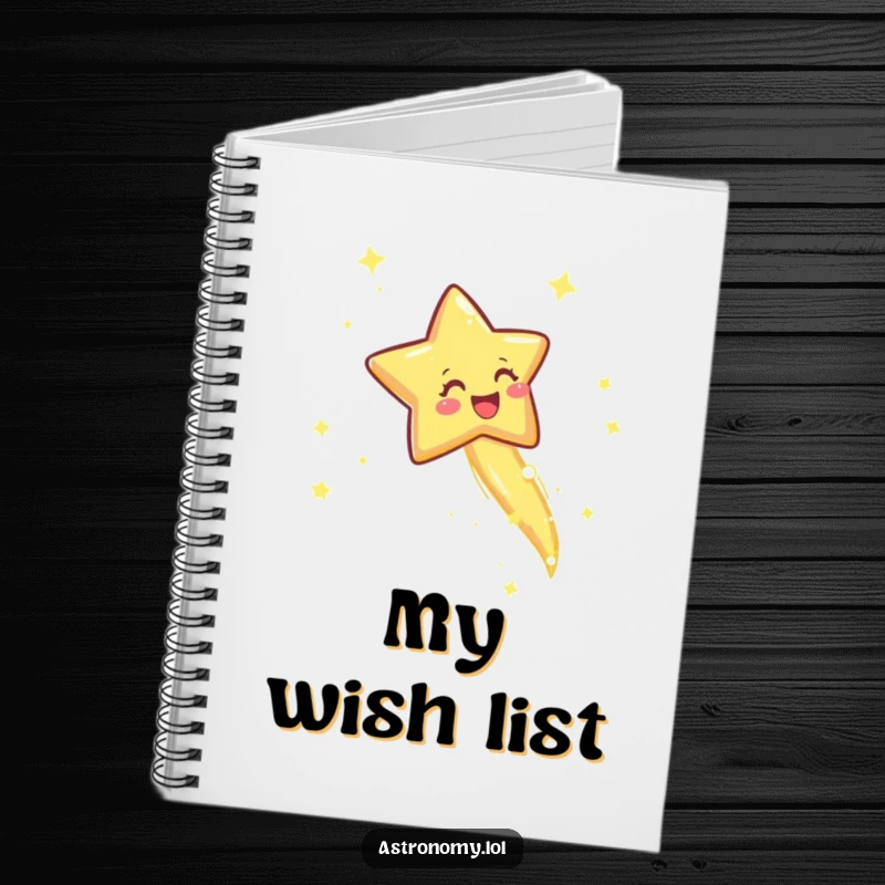 Funny notebook with a joyful shooting star leaving a sparkly trail, designed for jotting down notes with a humorous, wish-filled flair.