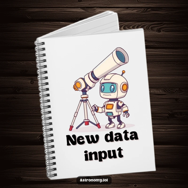 Funny Robot Notebook with a bewildered little character looking through a giant telescope, ideal for jotting down cosmic ideas and questions.