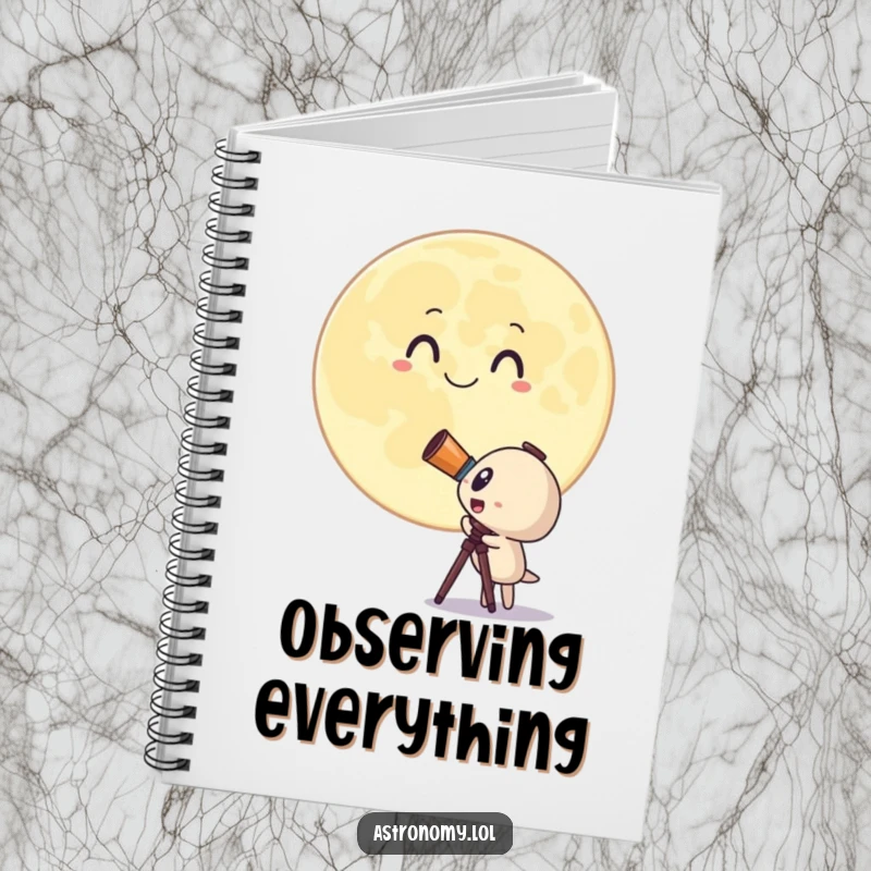 Funny notebook with a surprised telescope character looking at a giant, smiling moon, ideal for writing cosmic findings. Great gift.