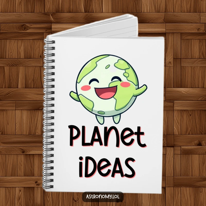 Funny notebook cover with a cheerful planet character joyfully bouncing, ideal for note-taking and creative journaling.