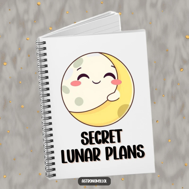 Funny grinning moon character winking from behind a playful planet, encouraging creative writing and cosmic exploration.