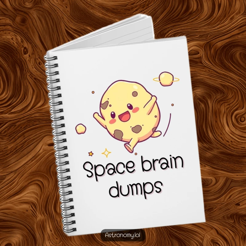 Funny notebook with a cover illustration of a happy asteroid doing a cartwheel, perfect for note-taking and creative journaling.