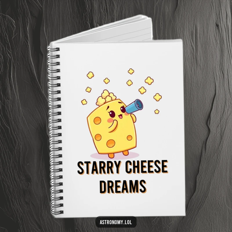 Funny notebook: A cheese cube with a telescope looking at popcorn stars, great for jotting cosmic food notes.