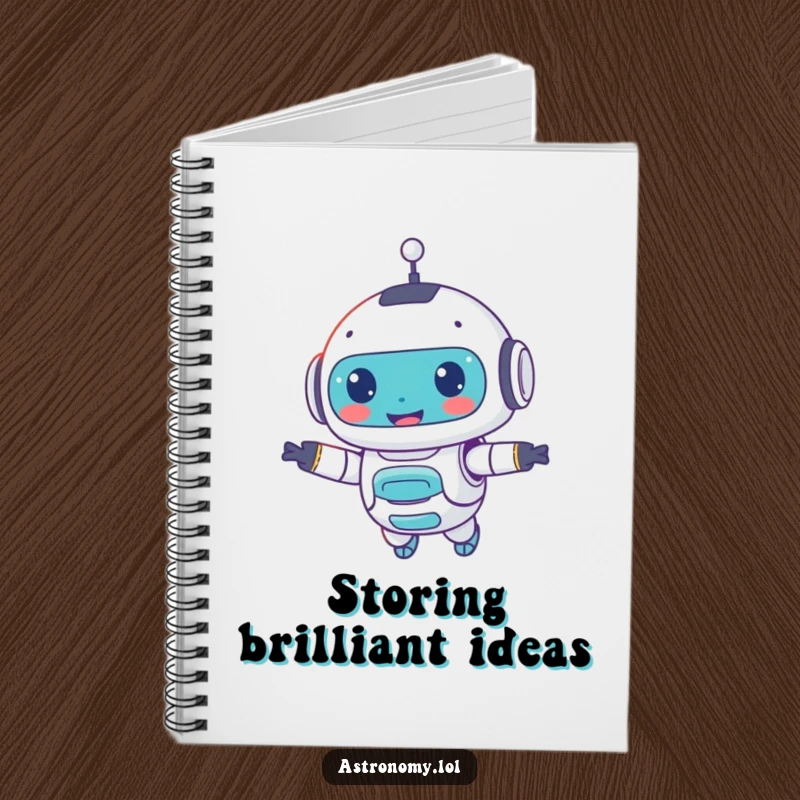Funny notebook with a smiling robot companion on the cover, designed for jotting down notes and creative ideas with AI charm.