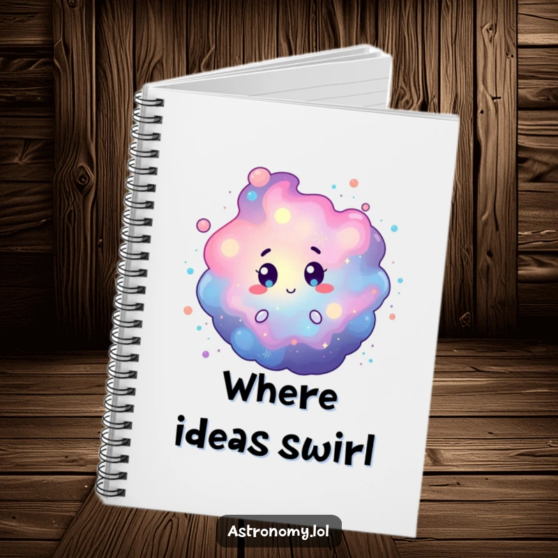 Funny notebook with a curious nebula character and swirling cosmic dust, ideal for writing down cosmic thoughts and ideas. Great gift.