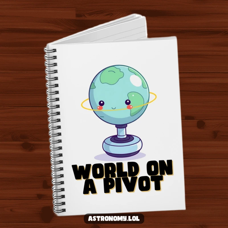 Funny notebook: A small planet wobbling on a fidget spinner, great for jotting notes with cosmic humor.