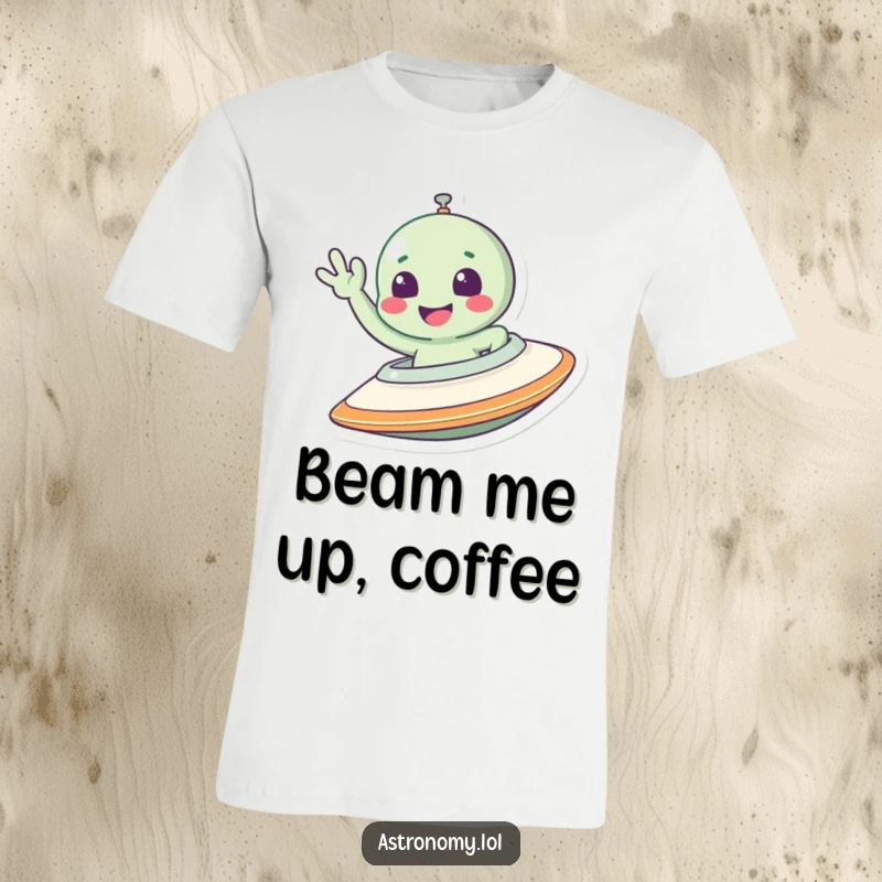 Funny alien t-shirt with a smiling character enthusiastically waving from the cockpit of a classic flying saucer spaceship.