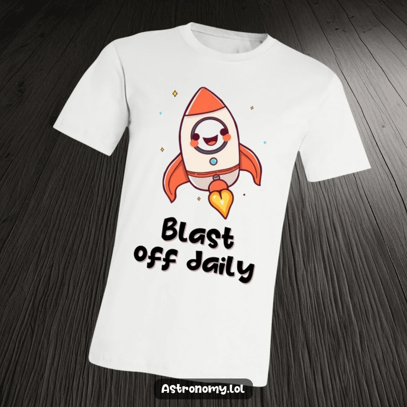 Funny rocket ship t-shirt with a happy character grinning while blasting off, perfect for enthusiasts and gift-givers.