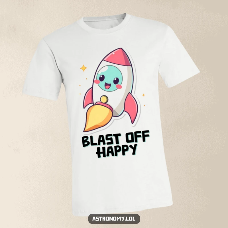 Funny cheerful rocketship character blasting off with a smile, printed on a comfortable and humorous t-shirt.