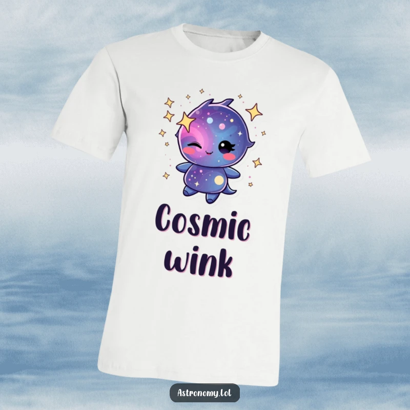 Winking galaxy character swirling with cheerful stardust on a comfortable t-shirt, a playful cosmic statement piece.